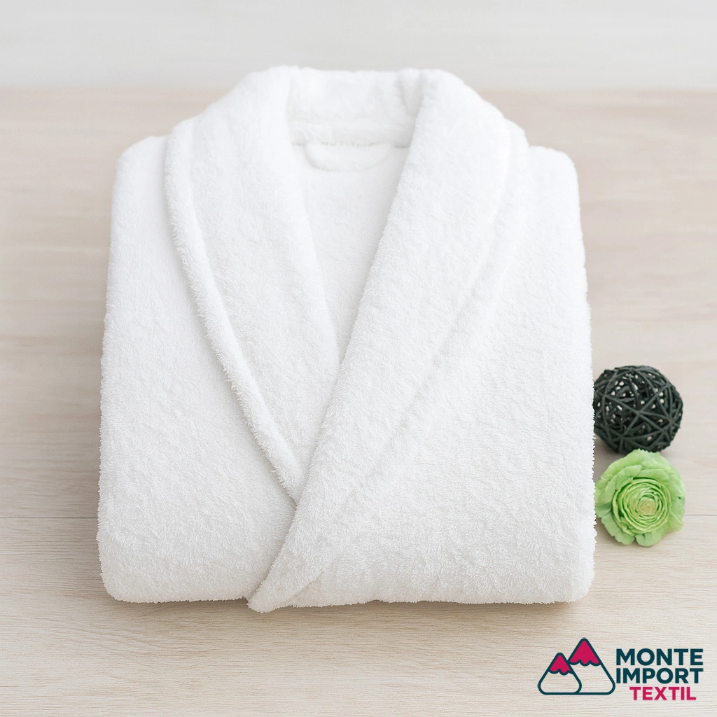 Detalle del tejido de rizo y cuello tipo smoking en albornoz blanco de algodón