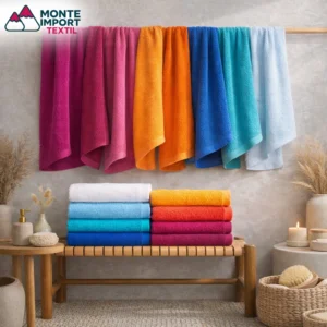Toallas de alta gama de rizo americano 550 gramos en 100% algodón puro y peinado, disponibles en múltiples colores, fabricadas por Monte Import Textil para hostelería, sanidad y uso profesional.